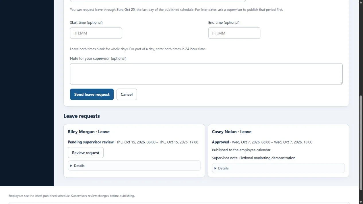 Fictional leave request screen showing one pending request and one approved request published to the employee calendar
