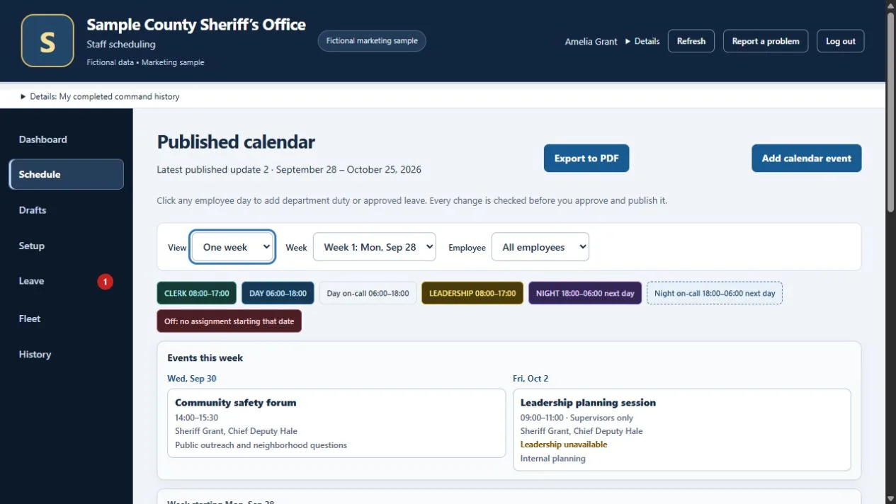 Fictional published calendar showing department and supervisor-only events above the weekly schedule